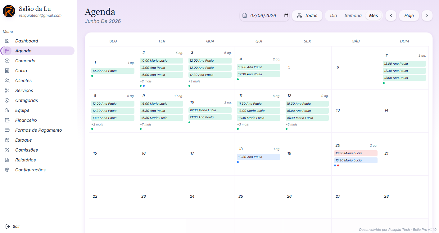 Tela de agenda em visão mês do Belle Pro